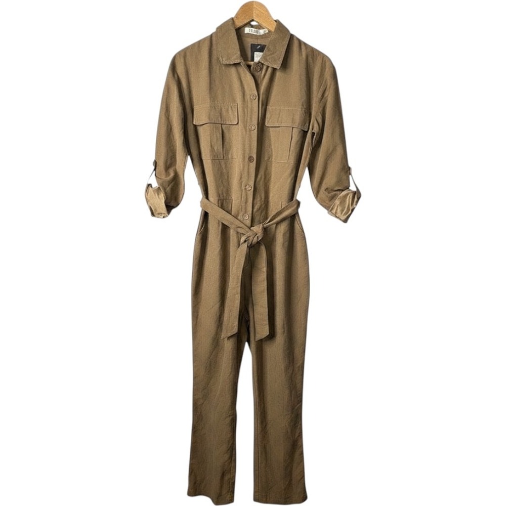 Nasty Gal Jumpsuit Womens M/L Tan Utility Tie Waist Long Sleeve Button Front New